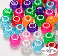 200 GLITTER ACRYLIC BARREL PONY BEADS 9mm x 6mm LARGE 3.5mm HOLE MIXED ACR209