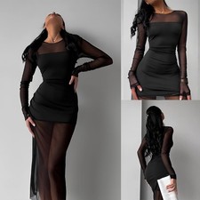 Womens Sexy Mesh Sheer Bodycon Long Sleeve See-through Club Party Midi Dress