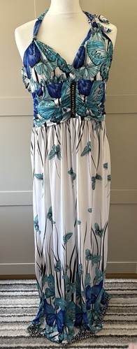 Blue white halter neck - halter, maxi