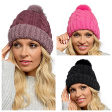 Ladies Bobble Hat Winter Warm Cable Knitted Beanie Mens Fleece Lined Pompom Hat