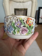 Antique Dresden Pierced lace 4” Bowl porcelain 3D flowers floral 
