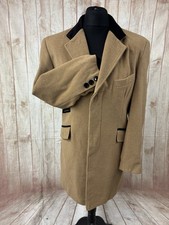Mens Vintage Wool Cashmere Long Overcoat Coat XL 44” Tan Velvet Classic London