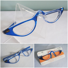 Vintage Spectacles 1960s Cats Eye Glasses Frames Blue Plastic Half Rim 60s