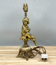 Vintage Brass & Onyx Figurine Lamp Figural Cherub Table Lamp Bedside Light