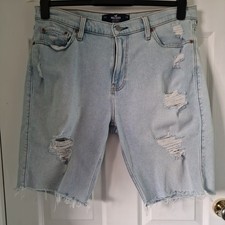 Hollister California Mens Blue Denim Ripped Knee Length Shorts W34
