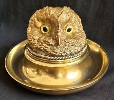 LARGE ANTIQUE VICTORIAN NOVELTY BRONZE OWL INKWELL - GLASS EYES + FITTED LINER