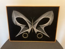 Vintage Nail and Thread Wall Art - Silver & Gold Butterfly on Black Velvet