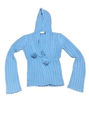 Vintage Hoodie Cable Chunky Knit Size 10 Uk Hooded Y2k  Winter Ice Blue Pom Poms