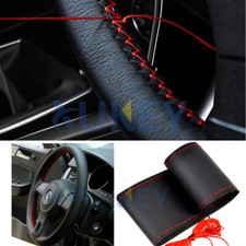 DIY Car Steering Wheel Cover With Needles Thread Black/Red Genuine Leather Sport