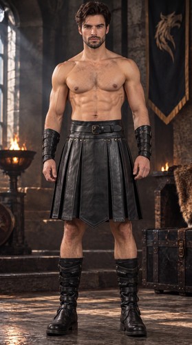 Men black leather kilt - black,