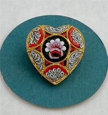 Vintage Italy Micro Mosaic Heart Shape Gold Tone Floral Brooch Pin