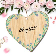 Personalised Wood Hanging Heart Plaque Engraved Floral Ornament Custom Any Text