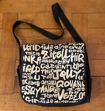 Black Messenger Bag with White Graffiti Design and Adjustable Strap