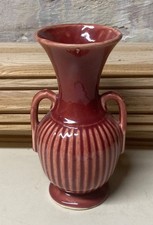Unusual McCoy Art Pottery Glossy Burgundy Vertical Ribbed Vase 7" Tall
