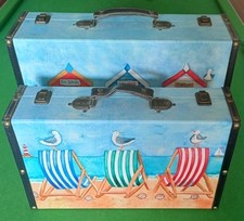 2 Wooden Decorative Beach Scene Lined Suitcases / Storage Cases.