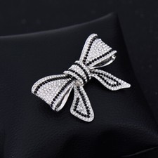 Vintage Art Deco Luxury Black Diamante Crystal Bow Knot Brooch Silver Pin Gift