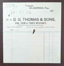 1923 D G Thomas & Sons, Coal & Timber Merchants, Kilgerran Pembrokeshire Invoice