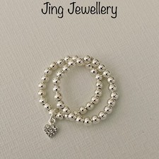 Sterling Silver Beaded Stretch Stacking Rings Sparkly CZ Charm Handmade Set Of 2