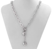 Silver Zara toggle Chunky link necklace chain T bone with double heart pendant