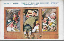 SCARCE OLD COMIC POSTCARD - FAMILY PACKING INTO TRAIN CARRIAGE FOR HOLIDAY 1925