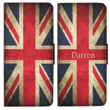 Vintage design Union Jack Flag Wallet Flip Phone Case Personalised Name initials