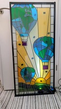 Unique Custom Stained Glass Window of earth hot air balloons over green hills 