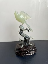Multicoloured Jade Type Hardstone Carved Chinese Bird Sculpture On Wooden Stand
