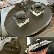 RARE ANTIQUE Geschutzt AUSTRIA BRONZE OWL 2 CUT GLASS INKWELLS + DESK BLOTTER