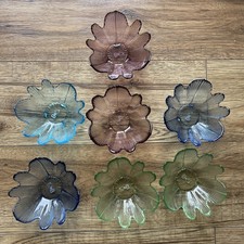 Set Of 7 Vintage 1970 French Afibel Blue Green Glass Lotus Flower Dessert Bowls