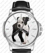 Boston Terrier Puppy Black Leather Strap Watch