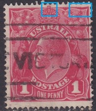 AUST KGV 1d RED SWk. FLAW - 'TOP RIGHT CORNER + TOP of CROWN'. USED. (L627)