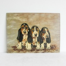 Mid Century Modern Oil on Board Painting Signed 1950s Vintage Basset Hound Dogs