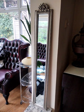 Long  Thin Ornate Silver Finished Hall Mirror Fleur de Lys Bevelled Edge Mirror