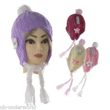 Girls Diamante Cable Knit Peruvian Hat Peru Bobble Pom Pom Childrens Ski Cap