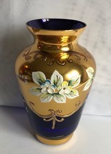 Bohemia Czech cobalt blue lead crystal gold enamel vase