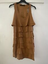 Zara Tan Real Goats Butter Soft Leather Ruffle Tiered Boho Festival Mini Dress S
