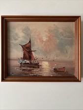 Beautiful Impasto Harbour Boats Oil Painting On Canvas Signed Framed Art