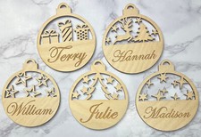 Personalised Christmas Decorations Tree Gift Hanging Wooden Bauble Tag Name Text