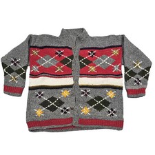 Vintage Ecuador Chunky Knit Cardigan Grey Large Geometric Pattern Wood Buttons