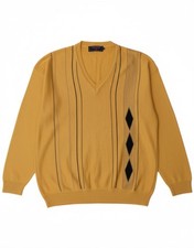 VINTAGE Mens V-Neck Jumper Sweater Large Yellow Argyle/Diamond Acrylic DN07