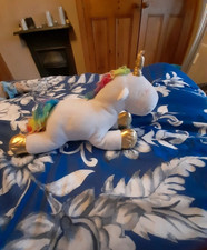 Unicorn soft stuffed toy rainbow mane & tail, white body, gold hooves 12 inches