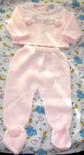 Pram Set Pink Frilly Knit Top Leggings Newborn Pom Pom Baby Girl 0 - 1 m Spanish