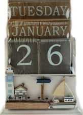 Nautical Wooden Perpetual Calendar Desk Top Eternal Calendar Blocks - Lighthouse