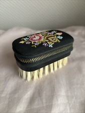 VTG 40s 50s Petit Point Travel Brush Sewing Manicure Kit Floral Embroidered Case