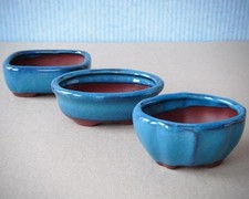 NEW, Set of 3 Terracotta Glazed Turquoise Bonsai Pots, Small, Rectangular/Oval