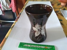 Vintage Tenby Welsh Studio Pottery Vase 15cm Tall Brown, White Floral Decorated 