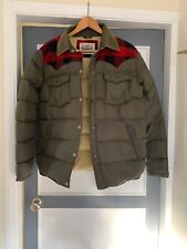 Penfield tough down jacket. Green with red and black check trim. Size medium. 