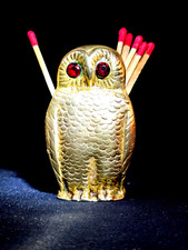 Matchstick Holder Owl Faceted Red Glass Eyes Spill Vespa Brass Vintage B221