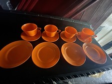 Orange Plastic 70’s Caravan Camping Cups And Side Plates Set X 4 Made In England