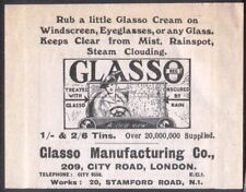 GLASSO Cream- Clears Mist, Rain-spots & Steam Clouding. 1919 Vintage Advert